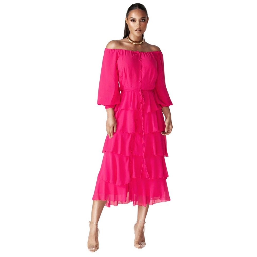 Alieva Dress Womens Medium Pink Tiered Ruffle Off the Shoulder Button Front Midi